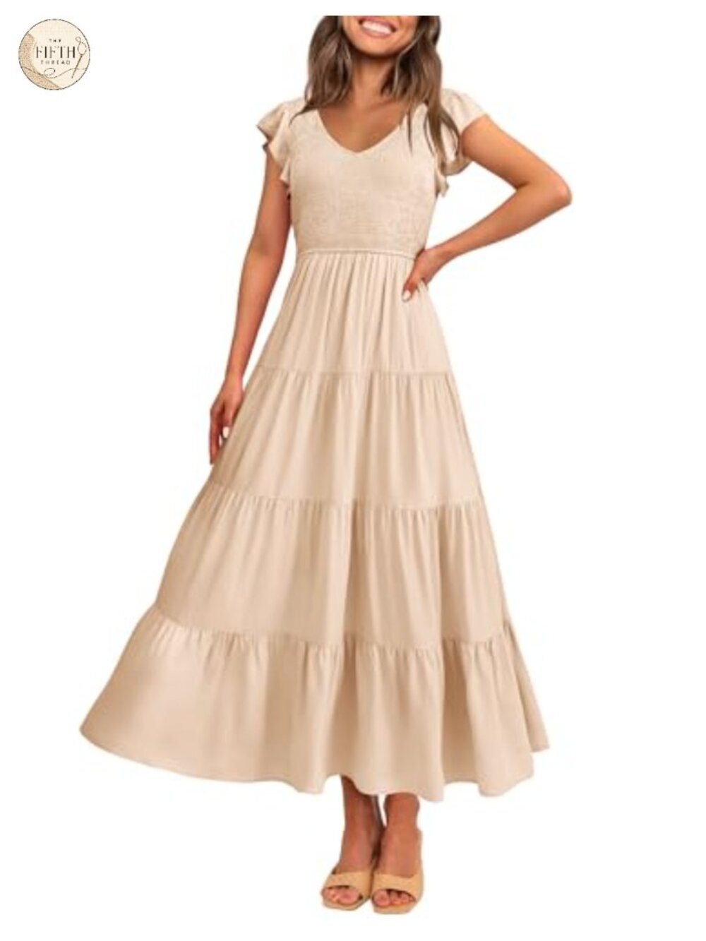 Women Summer Smocked Flowy Maxi Dress V Neck Cap Sleeve Boho